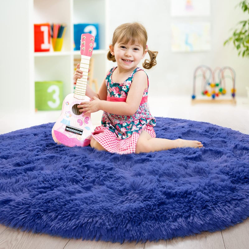 junovo Rug 4x4 Feet, Light Navy, Fluffy Soft Area Rugs for Kids Girls Room Princess Castle Plush Shaggy Carpet, Circular Home Decor - Image 2